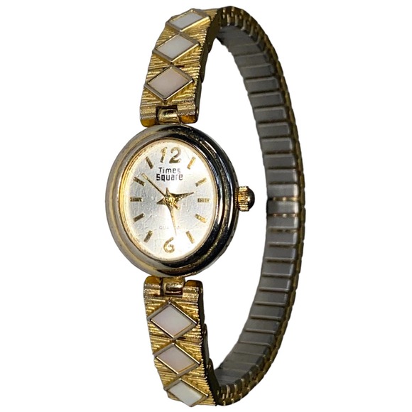 1980-90s Gold & Mother of Pearl Oval Face Watch Stretch Band Japan Movt TX5412QB - Picture 1 of 8